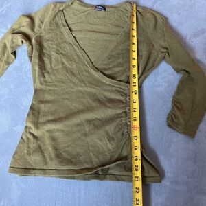 Vintage Reitmans olive green wrap knit Sweater; cute buttons on gathered side.